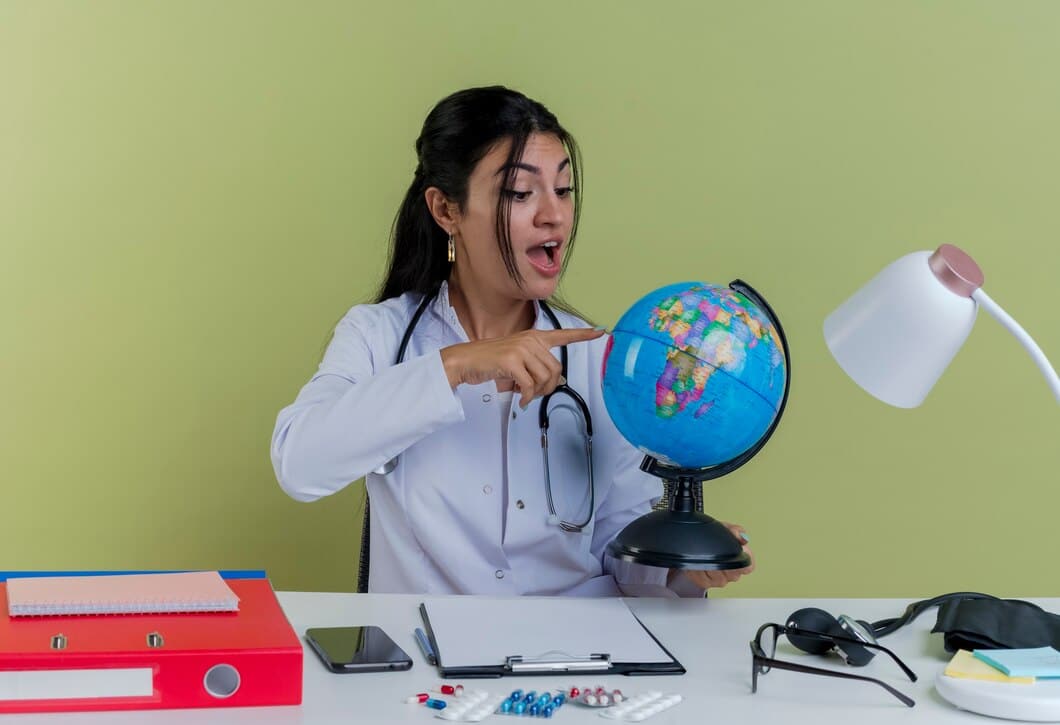 Blog 4 jovem medica impressionada vestindo tunica medica e estetoscopio sentada a mesa com ferramentas medicas segurando olhando e apontando para o globo isolado 141793 68758
