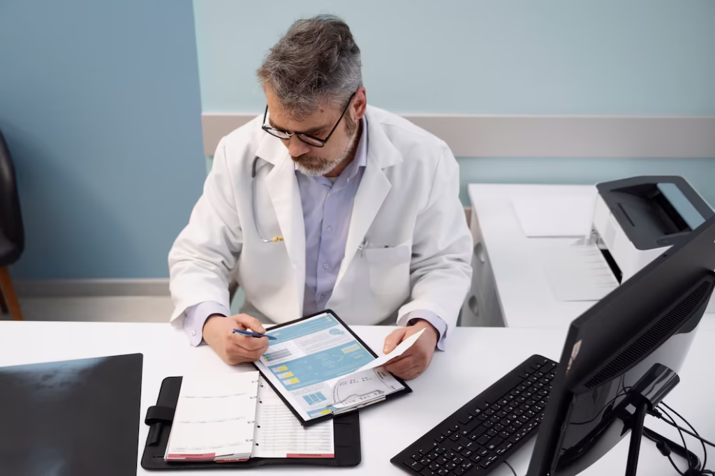 Deixar o Brasil Para Ser Médico Internacional: Como É o Desafio? 6 medico de tiro medio preenchendo o documento de alto angulo 23 2149355027