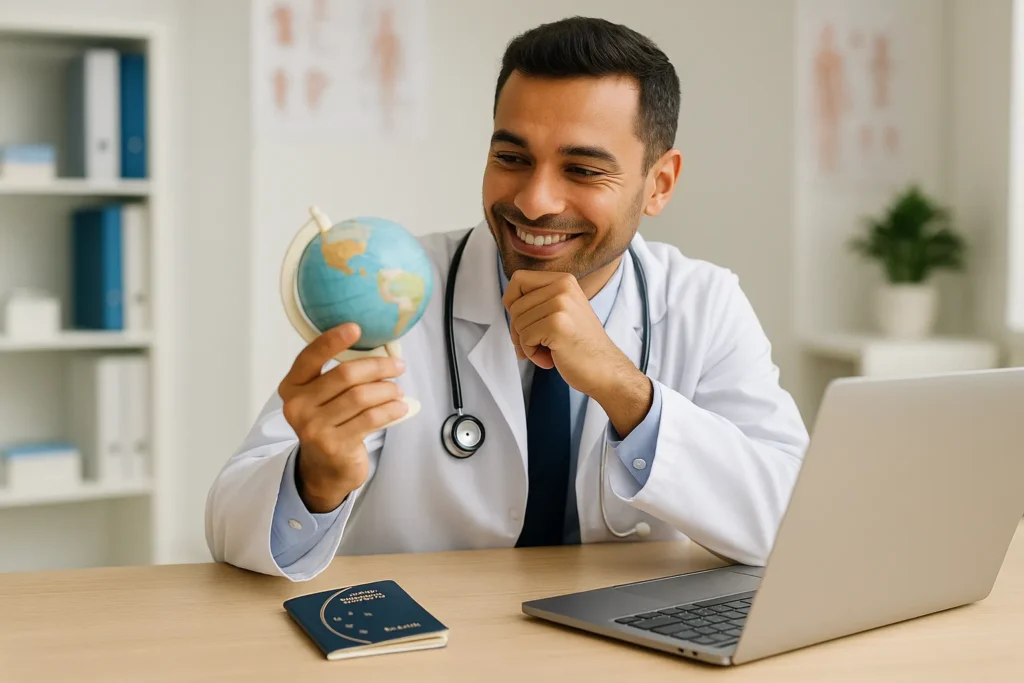 Médico brasileiro em clínica, olhando pensativo para um globo terrestre, com passaporte sobre a mesa e computador aberto ao lado.
