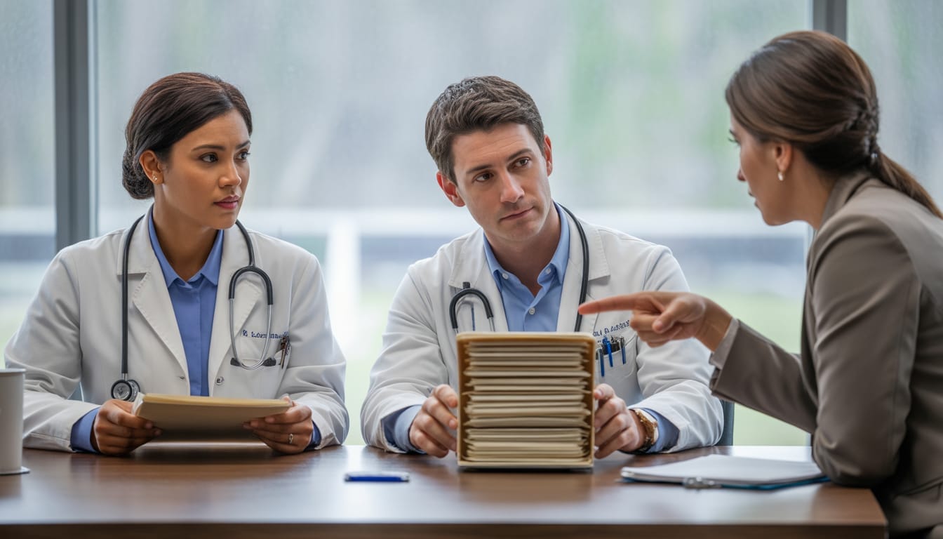O Que Diferencia Médicos Que Conseguem Resultado no Reconhecimento 1 Médico analisando documentos para reconhecimento de diploma em Portugal com checklist e laptop