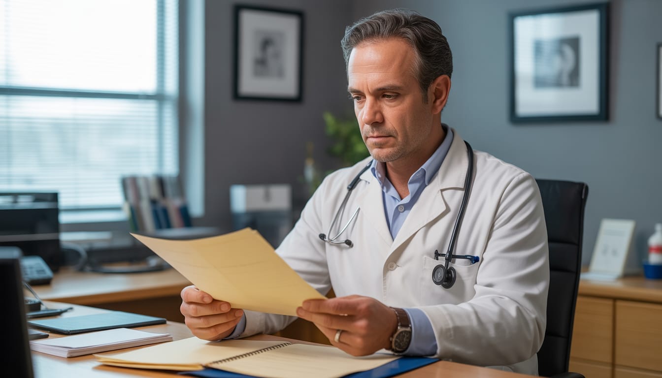 Erros Simples Que Custam Anos de Atraso no Reconhecimento Médico em Portugal 1 Médico analisando documentos do reconhecimento médico em Portugal com checklist e calendário de prazos