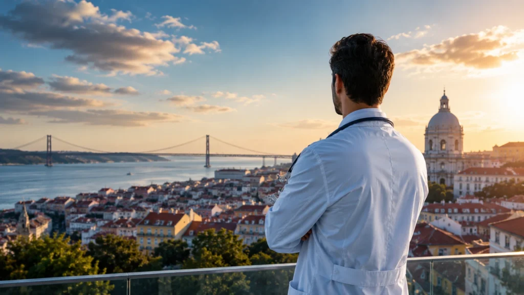 Médico observando oportunidades de internacionalização médica em Portugal e na Europa. Mercado autoridade e futuro.