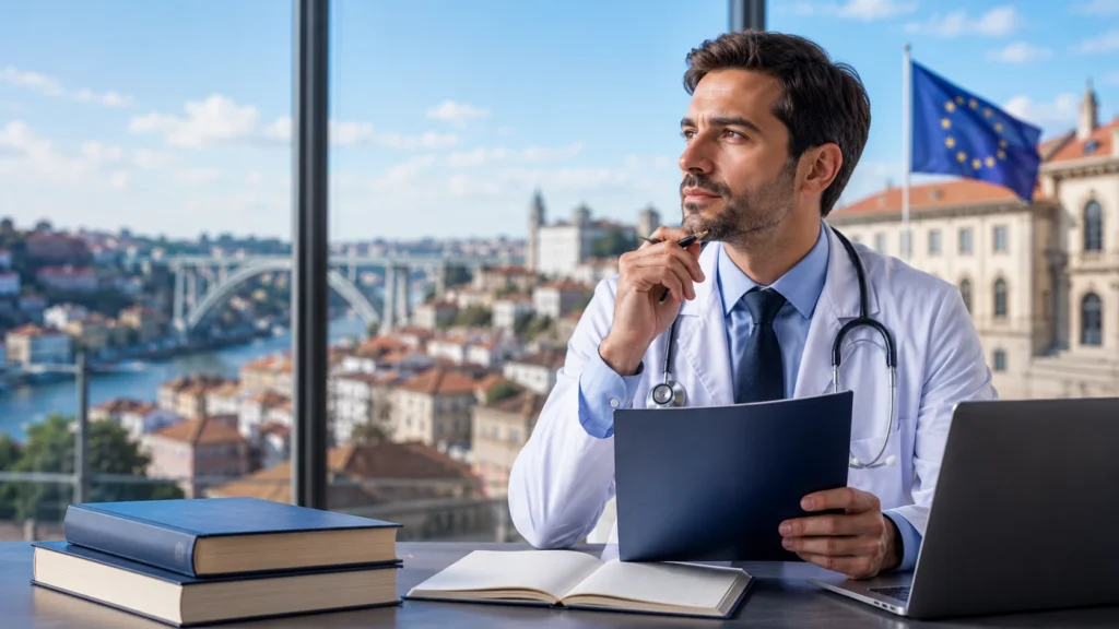 Médico analisando oportunidades privadas e acadêmicas na Europa