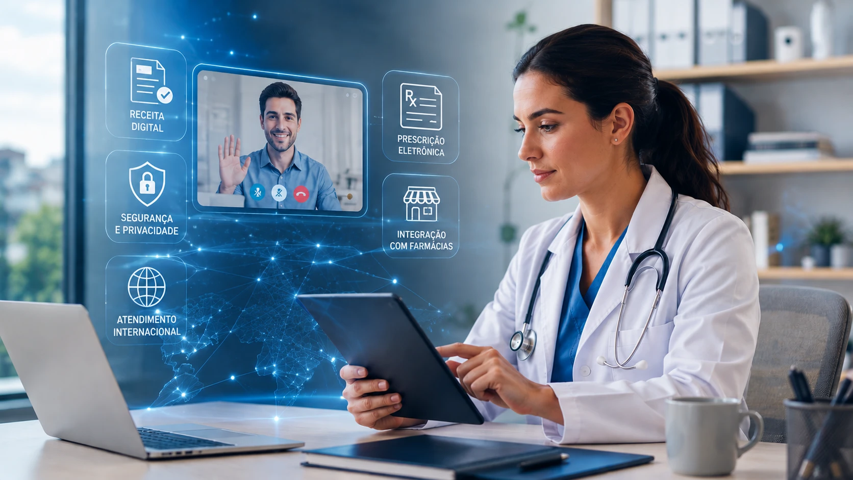 Médica utilizando plataforma de prescrição digital internacional na Europa
