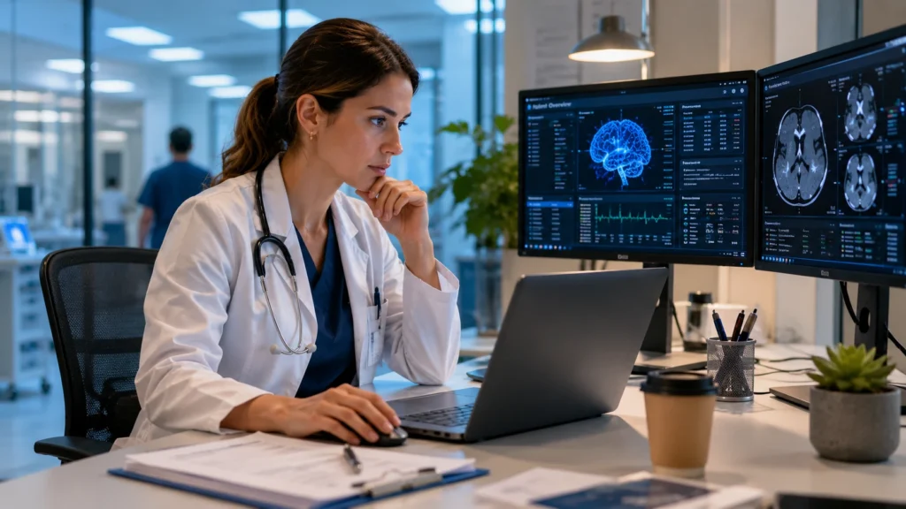 Reconhecimento de Especialidade: Medicina Geral e Familiar em Portugal 11 Médica analisando dados clínicos com inteligência artificial em hospital europeu