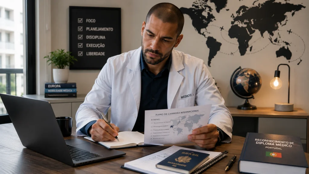Médico brasileiro planejando atuação médica internacional e reconhecimento do diploma em Portugal