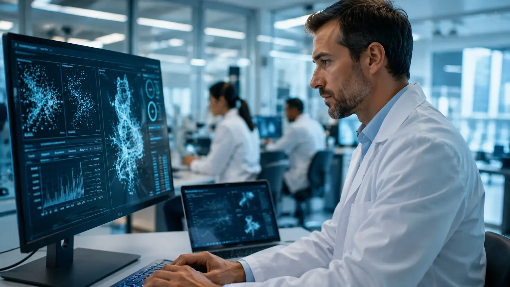 Blog 4 Médico avaliando informações de pesquisa clínica, inovação médica, de biotecnologia e dados em saúde em ambiente moderno de pesquisa europeia.