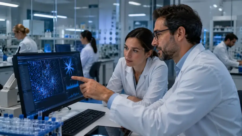 Europa amplia investimentos em biotecnologia na saúde: por que isso cria uma janela de oportunidade para médicos em Portugal 1 Médico e pesquisadores analisando dados clínicos e projetos de biotecnologia em um moderno centro europeu de inovação em saúde.