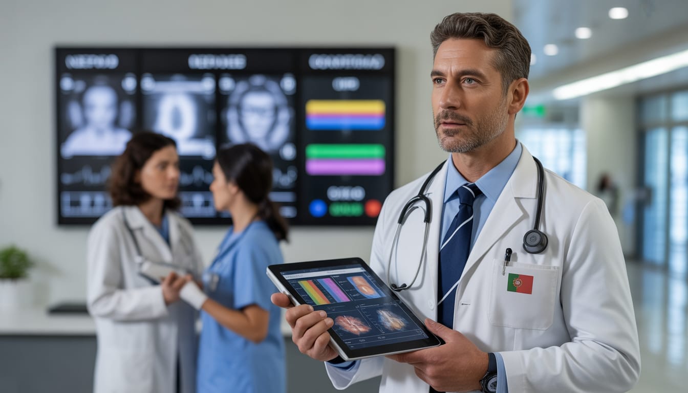 Europa investe bilhões em saúde digital e IA: por que isso acelera a carreira médica em Portugal 1 Médica analisando dados de saúde digital e IA em hospital na Europa