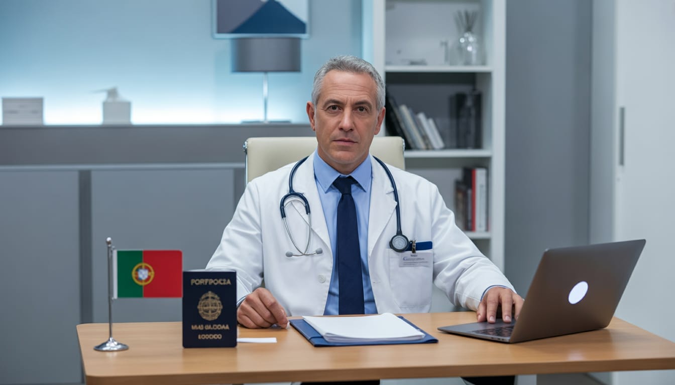 A internacionalização médica pode ampliar sua segurança profissional no longo prazo 1 Médica analisando plano de carreira internacional com documentos de reconhecimento em Portugal