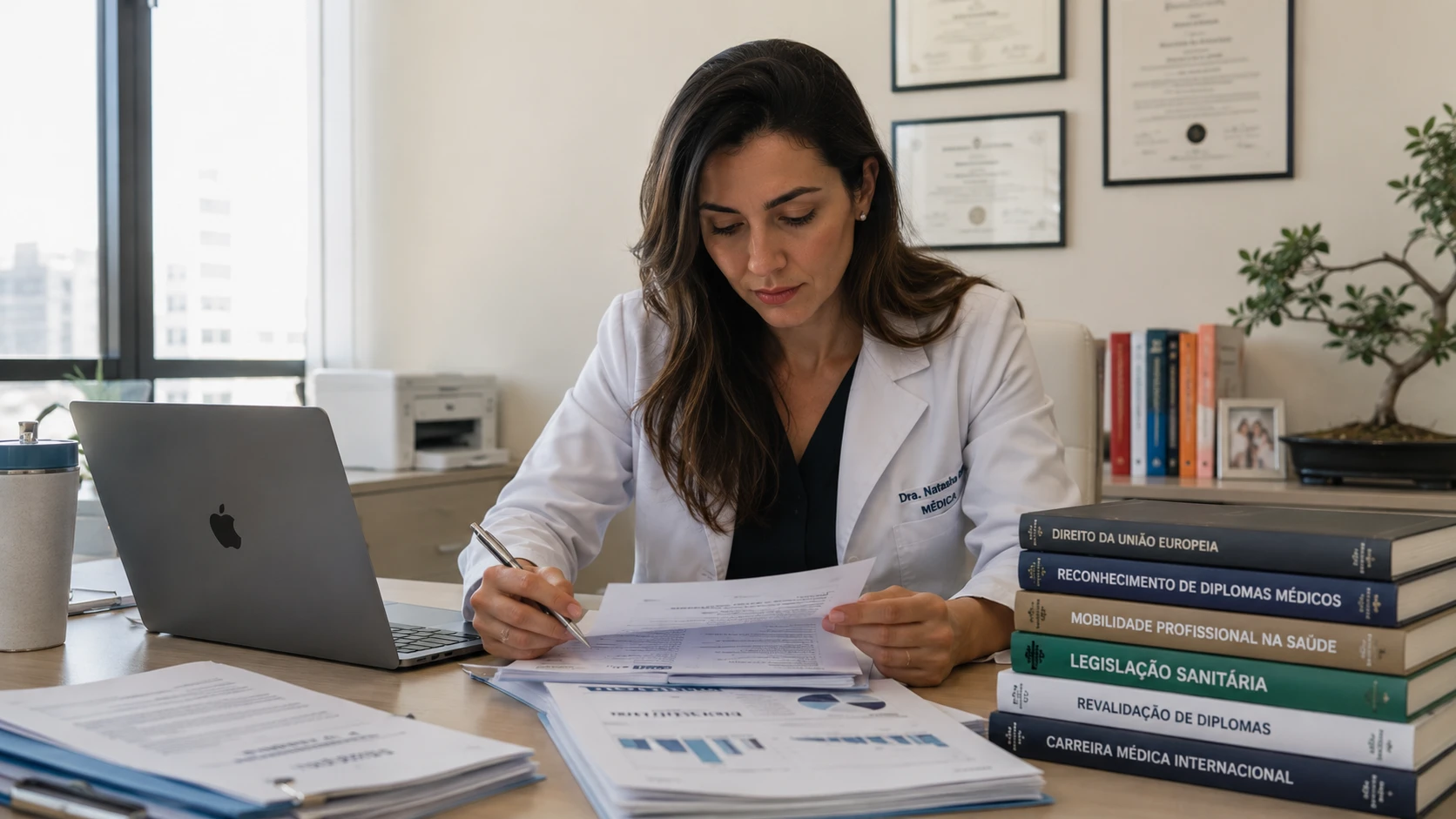 Médica planejando internacionalização médica estruturada e carreira internacional