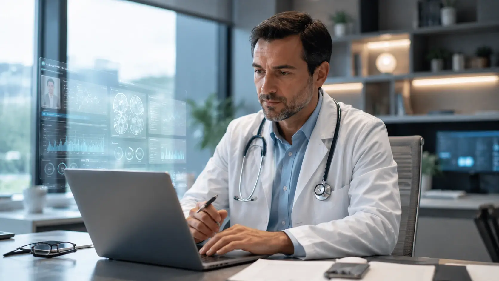 Médico utilizando sistema de prescrição digital internacional médica em ambiente profissional moderno conectado a plataformas internacionais de saúde.