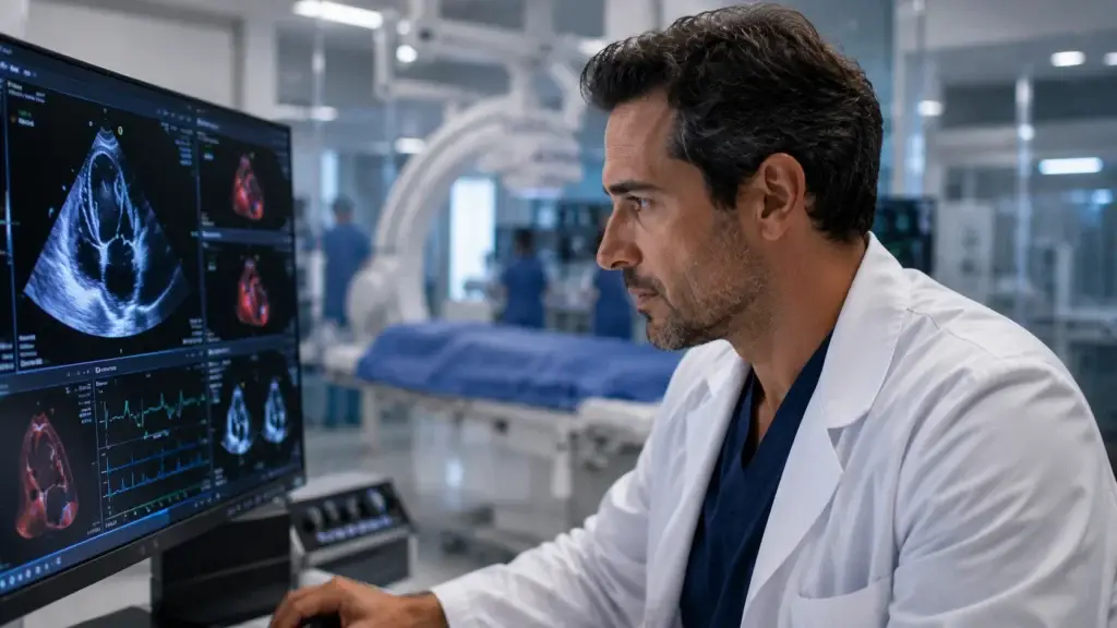 Reconhecimento de Especialidade em Cardiologia em Portugal: Guia para Cardiologistas Brasileiros 7 Cardiologista brasileiro atuando em ambiente hospitalar moderno em Portugal, representando o reconhecimento da especialidade em Cardiologia para exercício profissional na Europa.