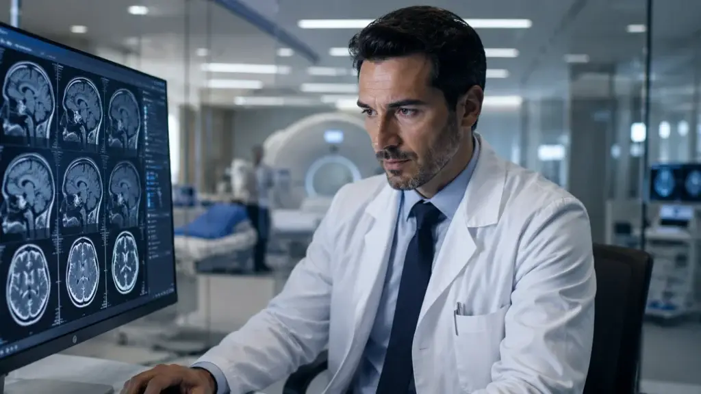 Reconhecimento de Especialidade em Neurologia em Portugal: Guia para Neurologistas Brasileiros 6 Neurologista brasileiro em ambiente hospitalar moderno em Portugal, representando o reconhecimento de especialidade em Neurologia para atuação profissional na Europa.