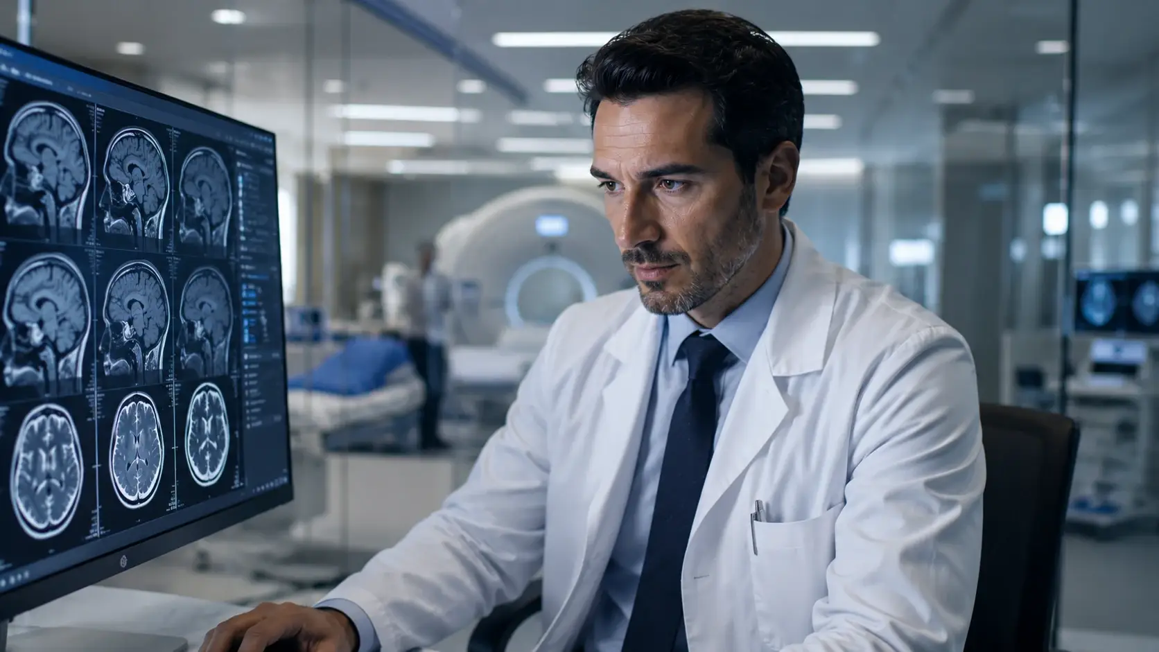 Blog 6 Neurologista brasileiro em ambiente hospitalar moderno em Portugal, representando o reconhecimento de especialidade em Neurologia para atuação profissional na Europa.
