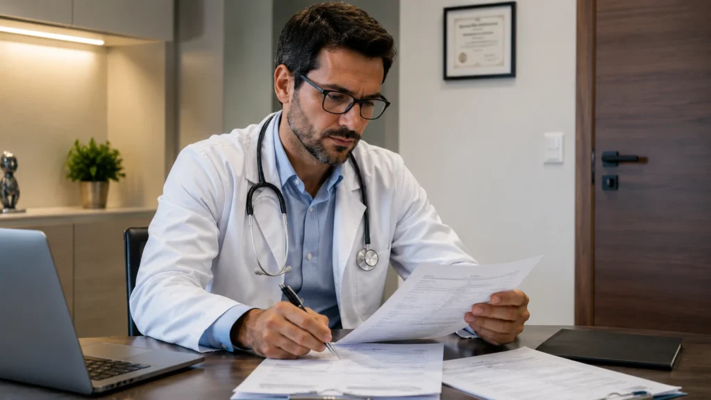 Médico analisando documentos para reconhecimento europeu do diploma em Portugal