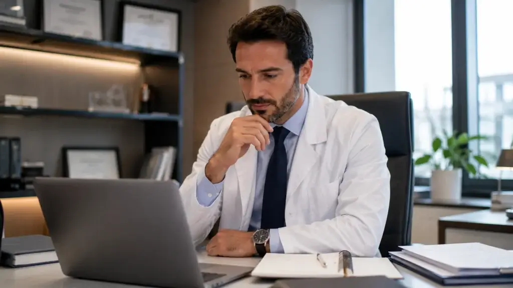 Reconhecimento europeu: o passo que fortalece oportunidades privadas e acadêmicas 1 Médico em escritório moderno planejando reconhecimento europeu e expansão da carreira médica internacional com foco em oportunidades privadas e acadêmicas em Portugal.