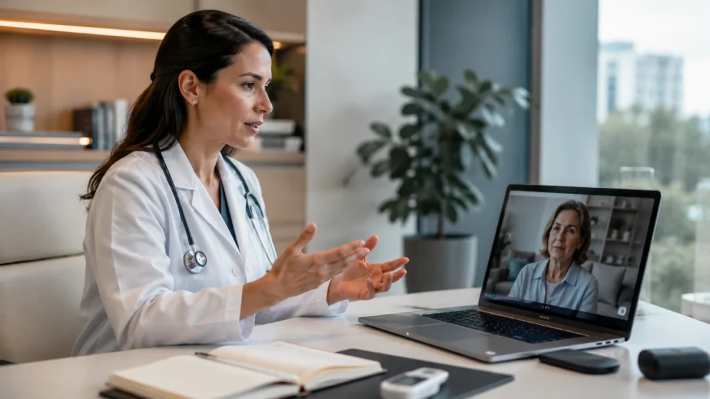 UE amplia investimentos em telemedicina e saúde digital: o que isso muda para médicos que querem atuar em Portugal 1 Médica em teleconsulta com paciente em Portugal, tema telemedicina e saúde digital na União Europeia