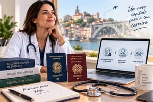 Médica brasileira com os passaportes do Brasil e de Portugal, iniciando o reconhecimento do diploma para atender por telemedicina