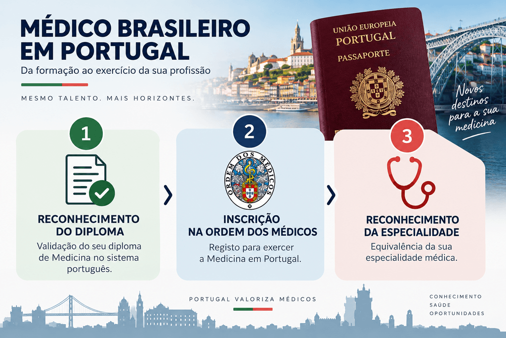 As três etapas do médico brasileiro em Portugal: reconhecimento do diploma, inscrição na Ordem dos Médicos e reconhecimento da especialidade