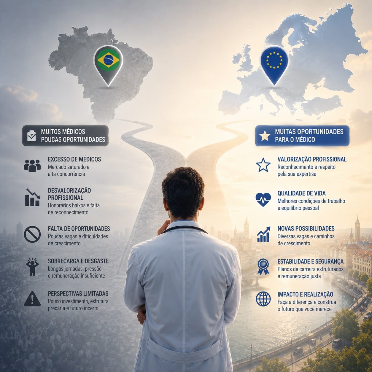 Médico brasileiro diante de dois caminhos: mercado saturado no Brasil e oportunidades profissionais na Europa