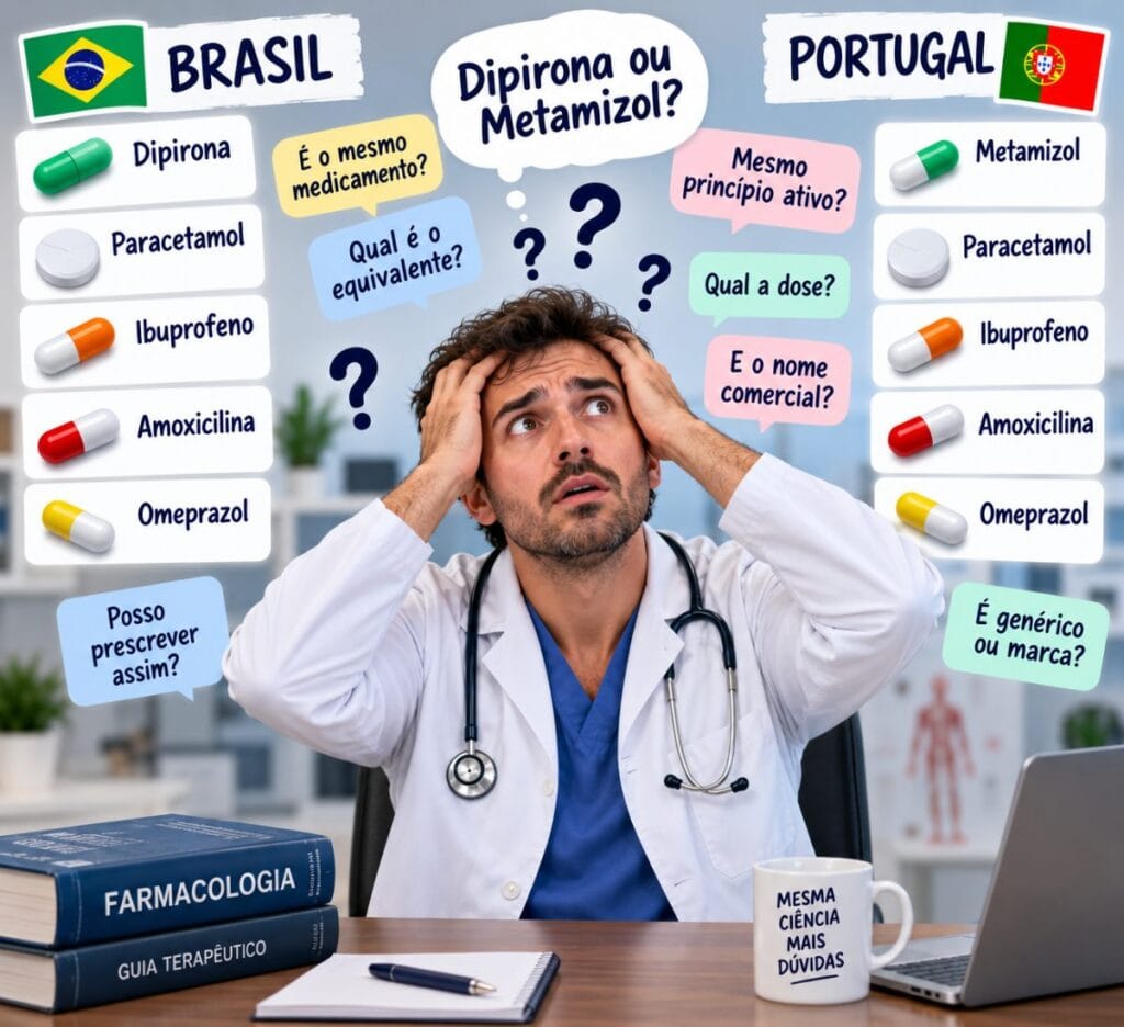 Médico brasileiro em Portugal em dúvida entre dipirona e metamizol, comparando nomes de medicamentos no Brasil e em Portugal