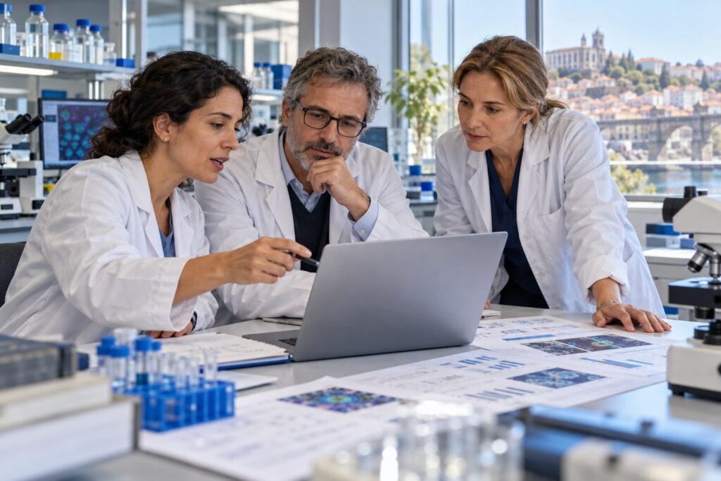 Equipe de pesquisadores discute um projeto de pesquisa médica em laboratório.